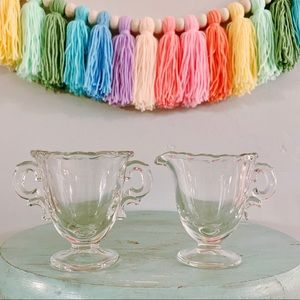 Vintage Scroll Clear Glass Pedestal Cream & Sugar